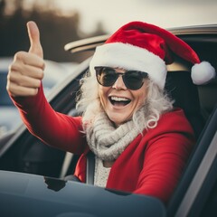 Woman in car wearing Santa hat giving thumbs up, Christmas and New Year concept