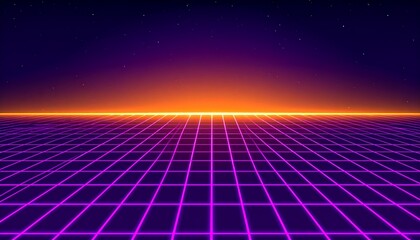 Retro-futuristic grid landscape with neon purple lines receding into a horizon of orange light against a dark blue and purple star-filled sky.