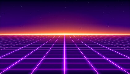 Retrofuturistic gridded landscape with vibrant neon lines.