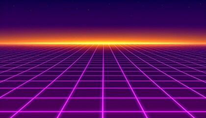 Retro futuristic grid landscape with vibrant neon lines and a horizon.
