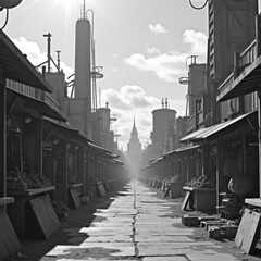 Urban Scenery: Black and White shot, capturing the unique industrial architecture of the town, where rows of old buildings form a captivating scene, leading toward the city center and beyond. 