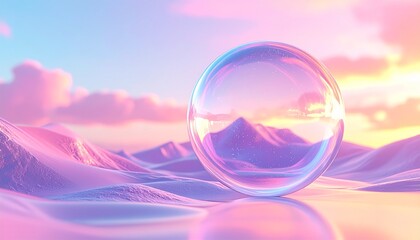 Pastel landscape with a large transparent orb reflecting a dreamy sunset and mountains.