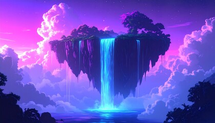 Floating island paradise with vibrant waterfall, ethereal clouds, and lush vegetation.