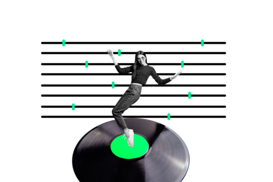 Composite photo collage of happy girl dance retro vinyl disk mixer console volume weekend relax dj studio isolated on painted background