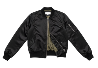 Sleek black bomber jacket isolated on transparent background, a versatile and stylish outerwear piece for a modern and fashionable look