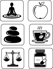 Natural wellness and holistic health icons for healthy lifestyle and self-care. Includes meditation, nutrition, balance, and vitamins. Perfect for web and print.