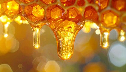 A ultra hyper-realistic, macro shot of a glistening honey drizzle slowly dripping off a honeycomb.