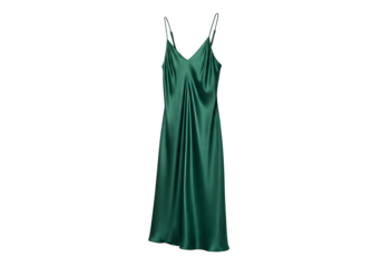 Elegant emerald green silk slip dress isolated on transparent background, showcasing its smooth texture and flowing design, perfect for evening wear or special occasions