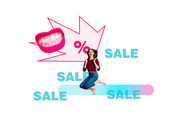 Creative poster collage young woman dance celebrate black friday sale retail bargain shopaholic mouth face fragment rate cheap price
