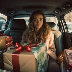Young woman in car with Christmas presents, holiday shopping concept, wide angle