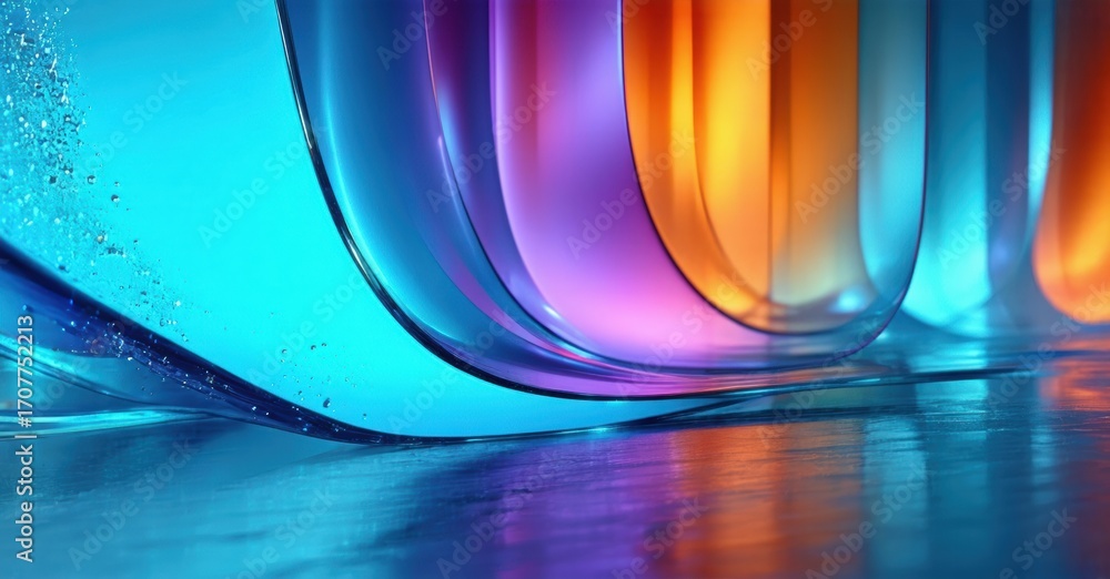 Poster vibrant fluid shapes, flowing curves. colors blend, creating dynamic reflections. smooth textures su
