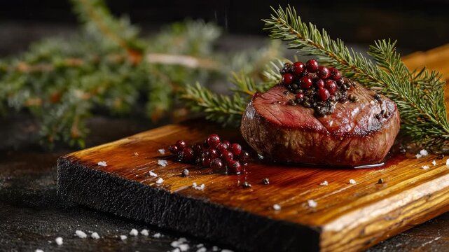 Close-up of a well-cooked beef tenderloin garnished with red berries and pine twigs, set on a wooden board for an elegant and festive display.