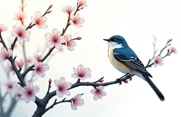 Fototapeta premium Detailed illustration of small blue bird perched on branch of cherry blossom tree. Soft pink flowers, delicate branches contrast with bird vibrant blue, yellow plumage. Clean white background