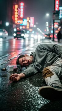 Intoxicated man lying unconscious on wet city street at night, empty alcohol bottle, neon lights, urban nightlife, dangerous situation, alcohol abuse, realistic dramatic scene