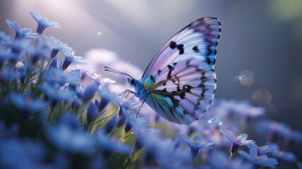 Beautiful butterfly with intricate wing patterns resting on purple flowers in soft sunlight