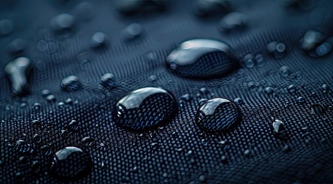 Close-up of water droplets on a dark, textured fabric surface, showcasing the material's water-repellent properties and intricate weave
