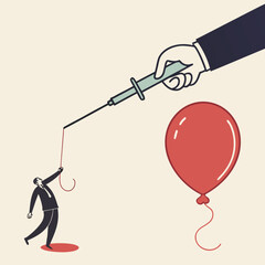 Vector illustration of a giant hand with syringe cutting a man’s balloon string, symbolizing fragile dreams, broken support, betrayal, risk, and sudden collapse of hope.