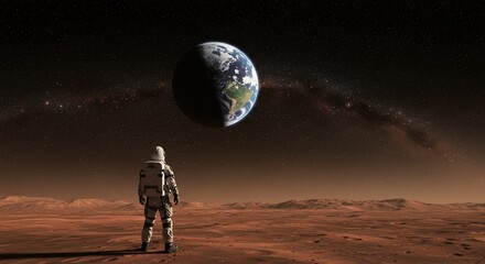 Fototapeta premium Astronaut on Mars Contemplates Earth Exploration Space Future Vision