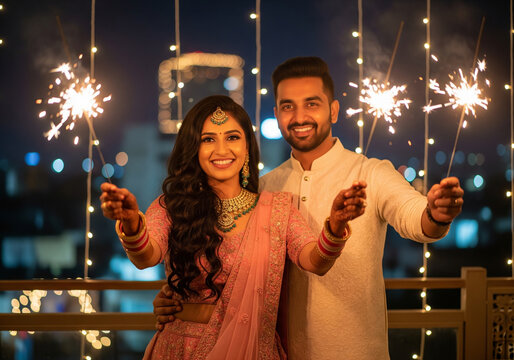 Celebrating diwali: A happy Indian couple in traditional wear, holding sparklers and smiling at the camera, Diwali celebration - Powered by Adobe