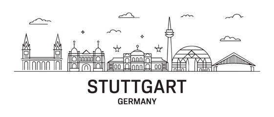 Obraz premium Stuttgart city Line Art skyline horizontal banner. Stuttgart city, Germany. Vector template for your design. with white background