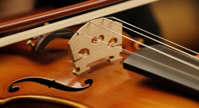 Violin bridge closeup. F-hole visible, bow resting on strings, warm lighting, shallow focus