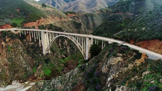 Iconic Bixby Canyon Bridge aerial view along Pacific Coast Highway Big Sur USA