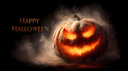 Der Text Happy Halloween mit einem leuchtendem, gruseligem Halloween K&uuml;rbis