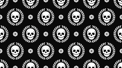A seamless pattern of white skulls surrounded by laurel wreaths and small flowers on a black background