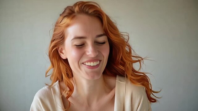 Radiant redhead bursting into infectious laughter, pure joy and happiness shining through