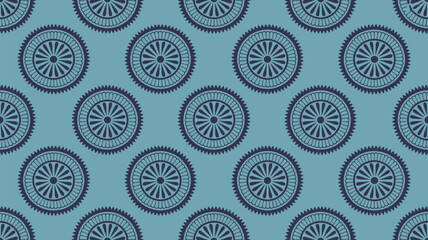 Repeating circular pattern with radiating lines and jagged edges on a blue background design texture