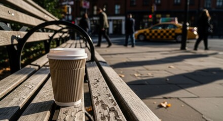 Naklejka premium A disposable coffee cup sits on a park bench, blurred city street in background