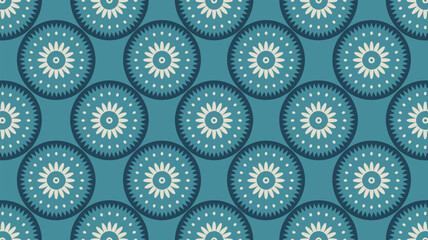 A seamless pattern featuring circular floral designs in shades of teal and cream repeating across the surface
