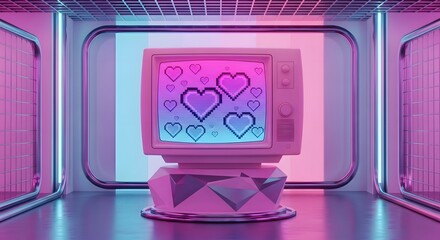 A retro computer monitor displaying pixelated hearts in a neon-lit room with a pink and blue gradient background.