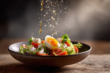 cuenco de bambu oscuro con ensalada de lechuga, tomate, huevo con aceite de oliva echado por encima sobre fondo desenfocado luminoso