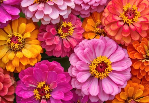 A vibrant close-up showcases a profusion of zinnias in diverse hues of pink, orange, and magenta, their layered petals creating a captivating floral tapestry