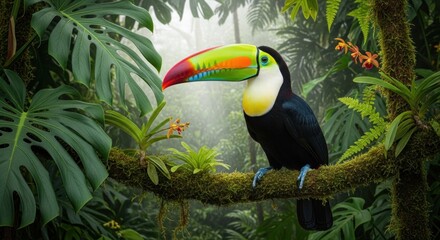 Toucan sits on a mossy branch in lush green jungle