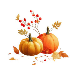 Naklejka premium Two vibrant orange pumpkins adorned with autumn leaves and red berries isolated on transparent background