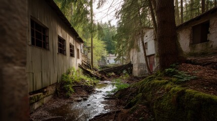 Abandoned mining town ruins with polluted stream surrounded by overgrown vegetation and decaying buildings. scene evokes sense of nostalgia and decay