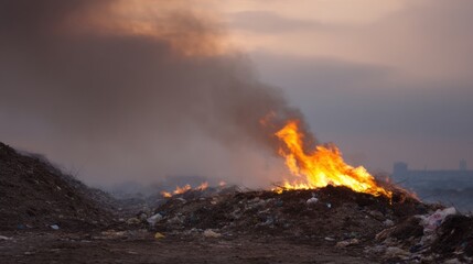 Burning garbage heap emits visible flames and smoke, creating toxic atmosphere. scene captures environmental impact of waste disposal, highlighting urgency of addressing pollution