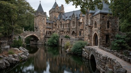 Obraz premium A majestic stone castle with bridges, water, and trees reflecting in the water