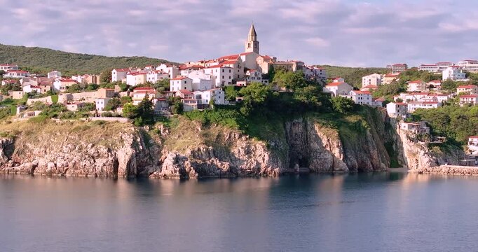 Sunrise drone flight over Vrbnik on Krk island