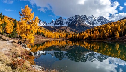 A serene lake mirrors golden autumn trees and snow-capped mountains under a bright blue sky with fluffy clouds
