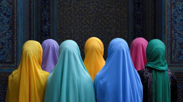 Group of women wearing colorful headscarves standing together, facing an ornate background in a cultural setting