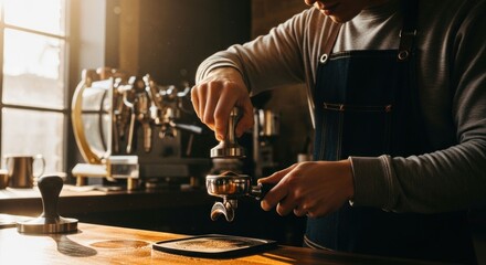 Barista's hands tamping coffee grounds into portafilter, warm lighting in cafe setting