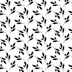 Olive branch hand drawn silhouette leaves seamless pattern for textile design. Simple line art monochrome background
