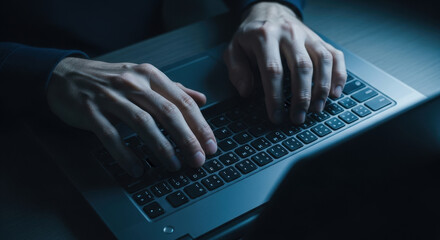 close up on hands typing on laptop keyboard in dim lighting. mysterious atmosphere, concept of technology and cybersecurity with dark tones. web design, cyber security