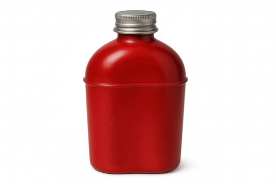 Silver-capped red metal canteen showcasing military-grade hydration equipment against transparent background