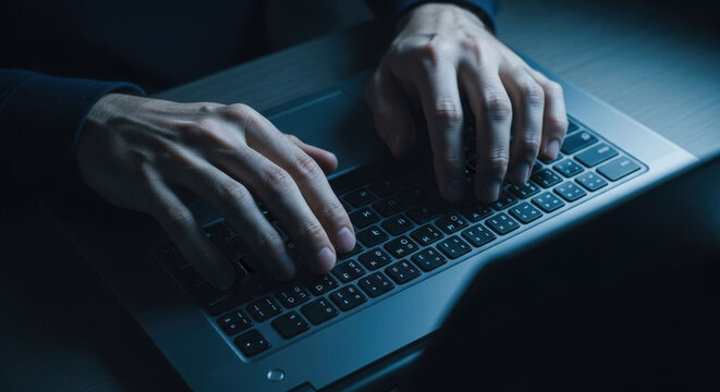 close up on hands typing on laptop keyboard in dim lighting. mysterious atmosphere, concept of technology and cybersecurity with dark tones. web design, cyber security