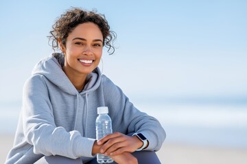 Smiling woman in gray hoodie sitting on a beach with clear blue sky, holding water bottle and wearing smartwatch. Healthy lifestyle, wellness, relaxation and outdoor fitness in natural setting