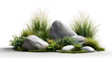 Smooth boulders with ornamental grasses and green plants &mdash; isolated nature vignette for eco design, garden styling and tranquil composition